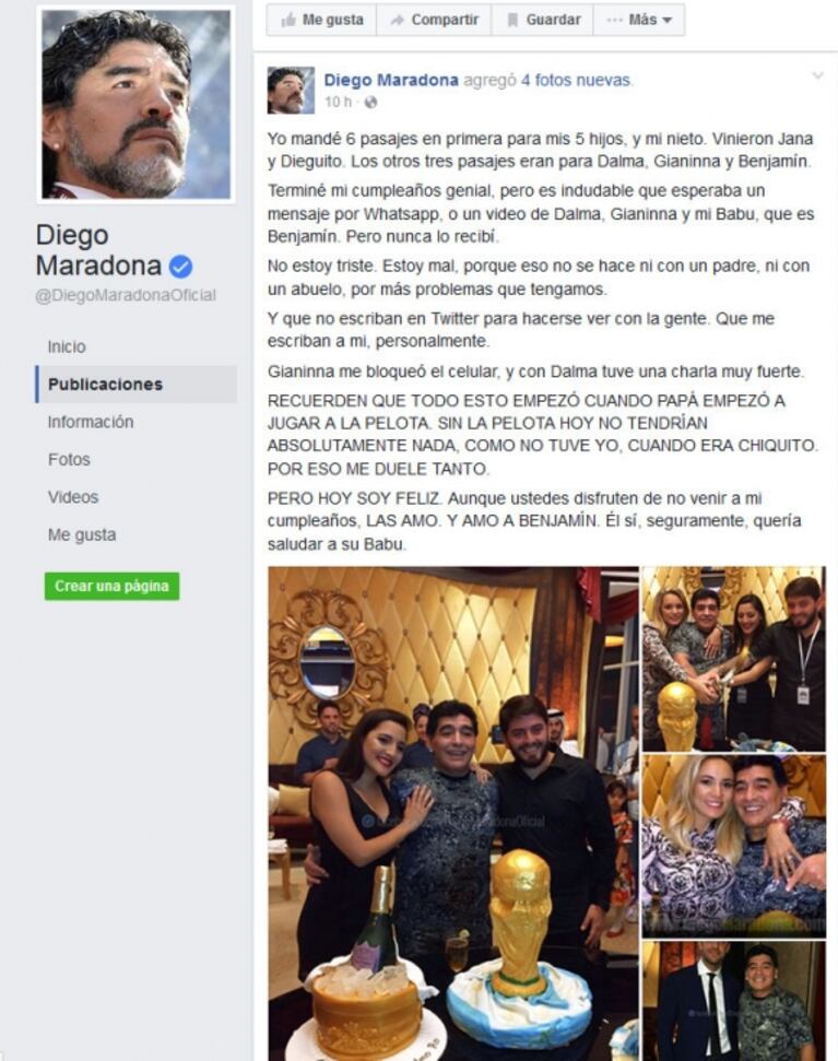 Maradona explotó contra Dalma y Gianinna con una durísima carta en Facebook: "Recuerden que sin la pelota hoy no tendrían absolutamente nada"   
