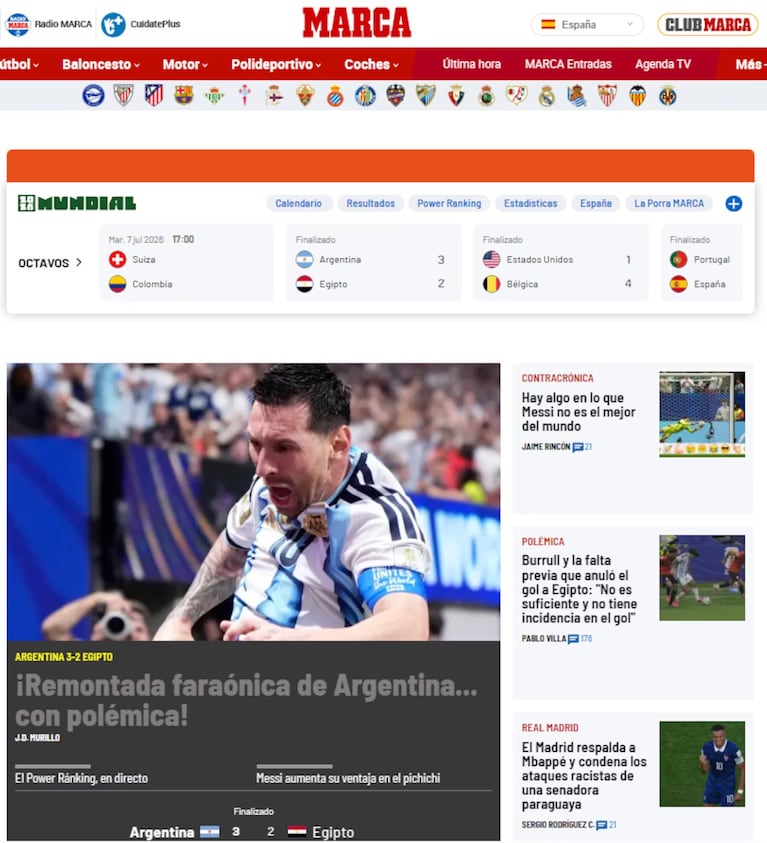 Marca tituló "¡Remontada faraónica de Argentina... con polémica!" tras el 3-2 ante Egipto.
Fuente: Captura Marca