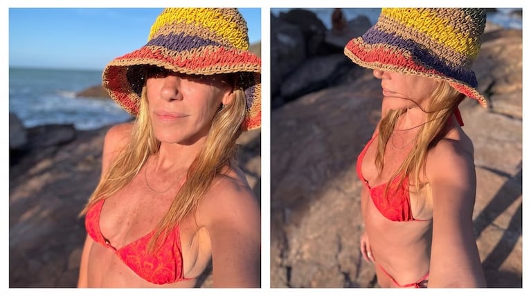 Marcela Baños posa con un sombrero multicolor y un bikini rojo en la costa de Brasil durante sus vacaciones. Fuente: Instagram