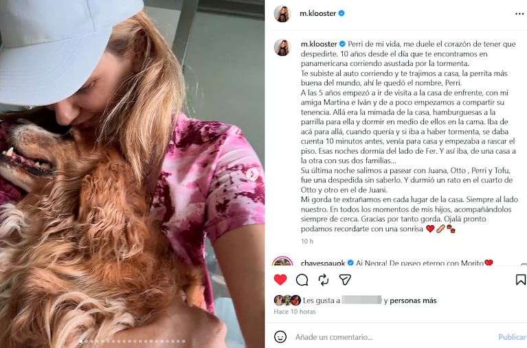 Marcela Kloosterboer despidió con dolor a su perra y conmovió a todos con su mensaje (foto de Instagram)