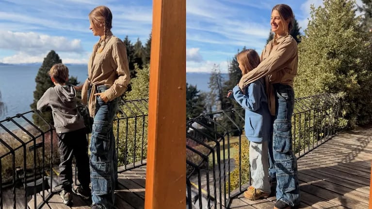 Marcela Kloosterboer junto a sus hijos, con el lago de Bariloche de fondo — Fuente: Instagram