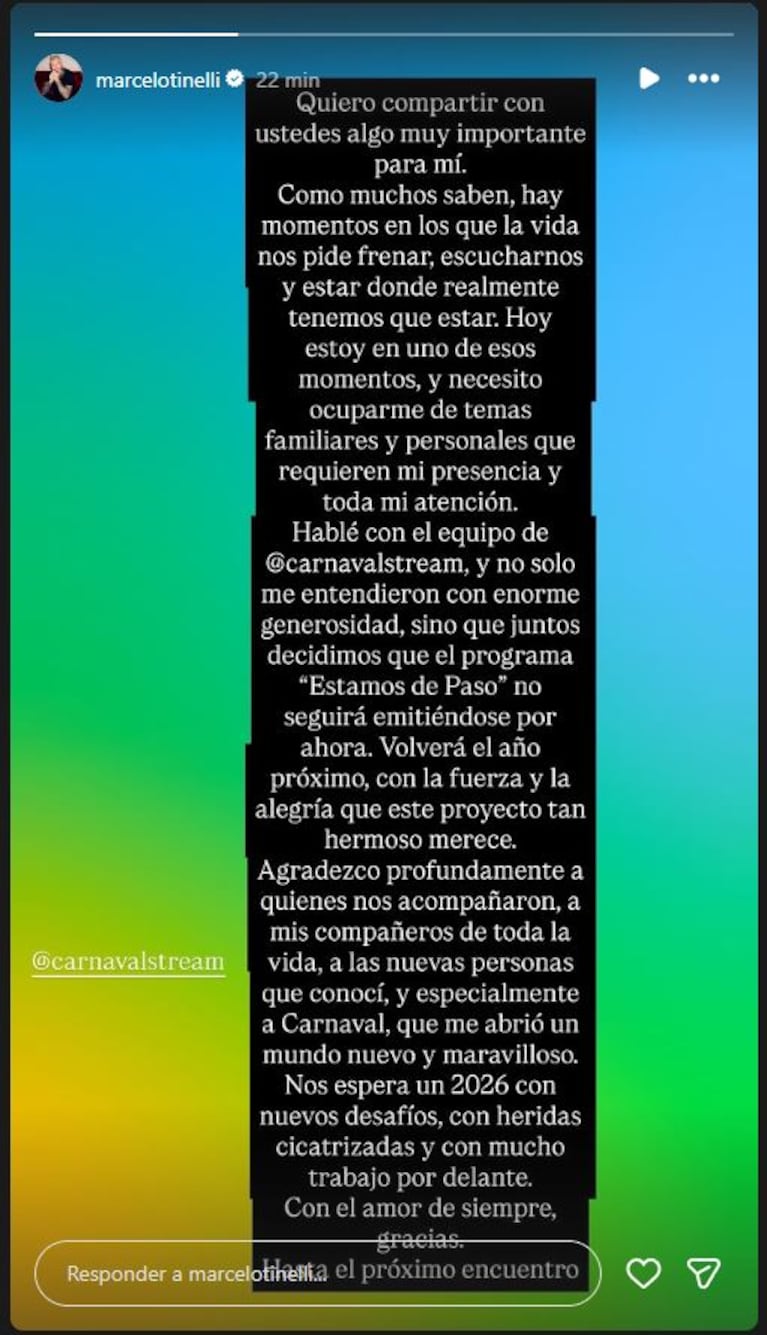 Marcelo Tinelli anunció el levantamiento de su programa de streaming.