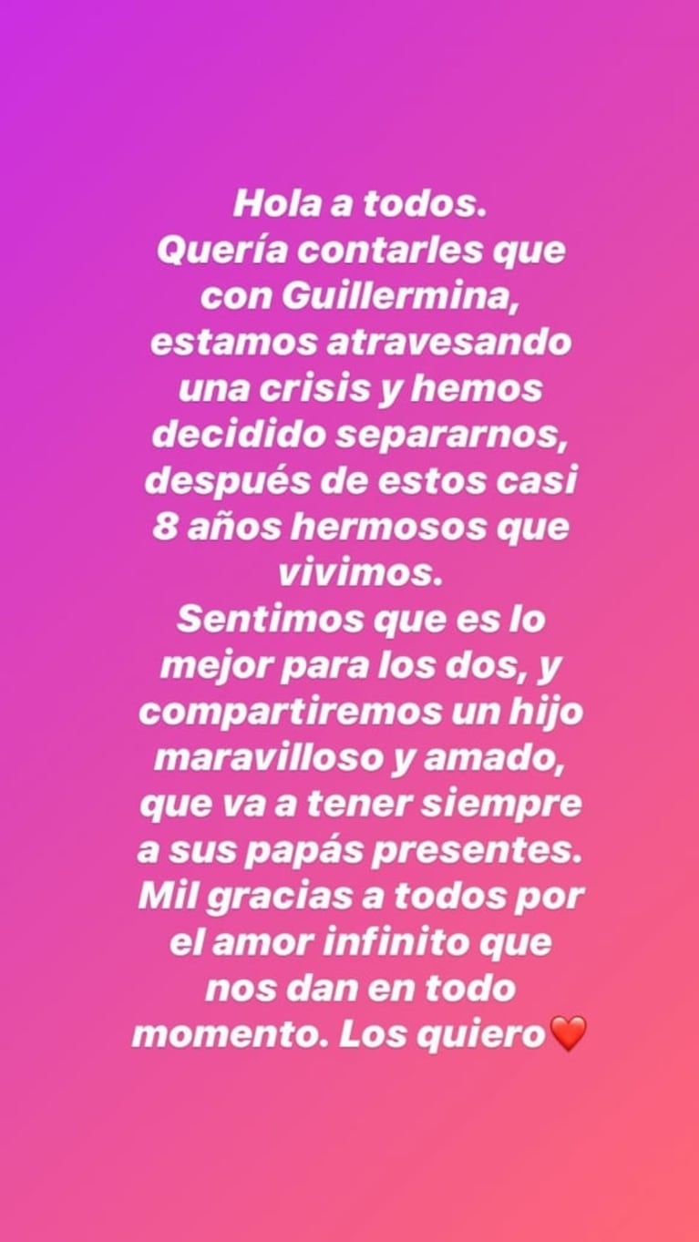 Marcelo Tinelli anunció su separación de Guillermina Valdés tras ocho años juntos: "Sentimos que es lo mejor"