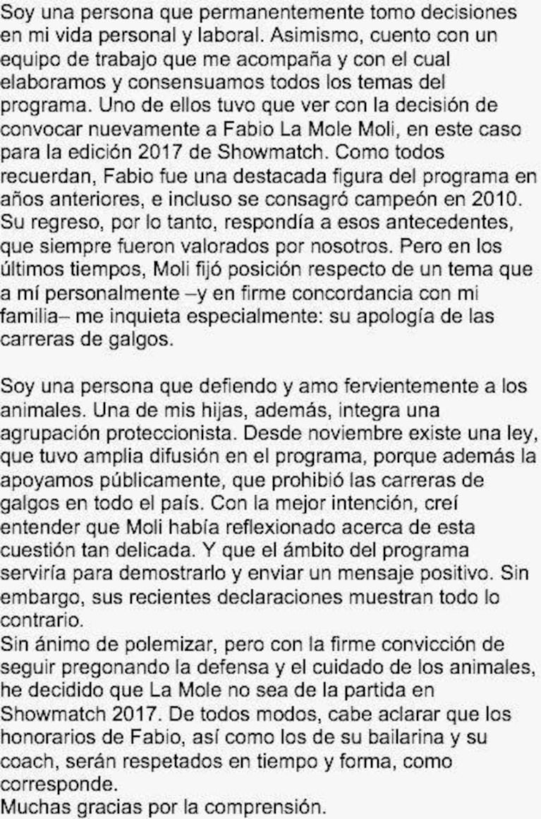 Marcelo Tinelli bajó a La Mole Moli de Bailando 2017, a cinco días de su confirmación: "Creí que él había reflexionado sobre las carreras de galgos"