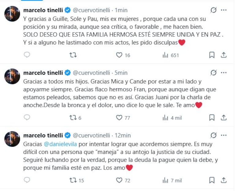 Marcelo Tinelli en X tras las amenazas recibidas.
