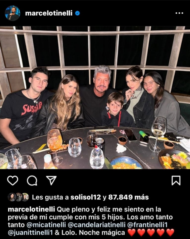 Marcelo Tinelli festejó sus 63 años con sus cinco hijos: "Los amo, noche mágica"