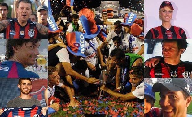 Marcelo Tinelli, Hernán Caire, Gastón Soffritti, Ingrid Grudke, Axel y Rodolfo Barili. El festejo de los hinchas famosos de San Lorenzo. (Fotos: Ole.com.ar y archivo Web)