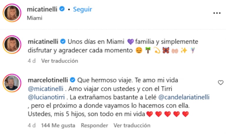 Marcelo Tinelli le dedicó un dulce mensaje a su hija Cande, la única que no viajó a Miami con la familia