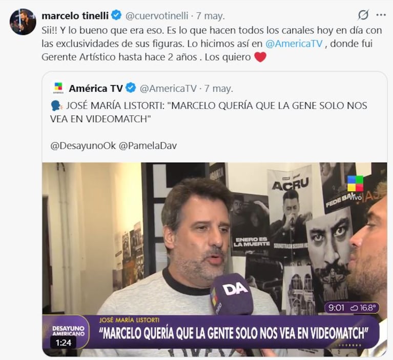 Marcelo Tinelli responde a José María Listorti (Foto: captura de X/@cuervotinelli).