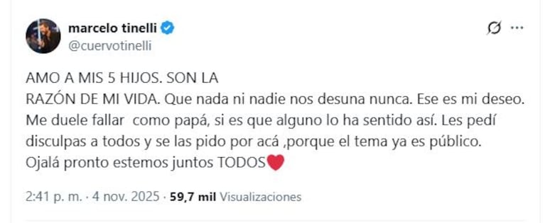 Marcelo Tinelli se disculpó con sus hijos en X.