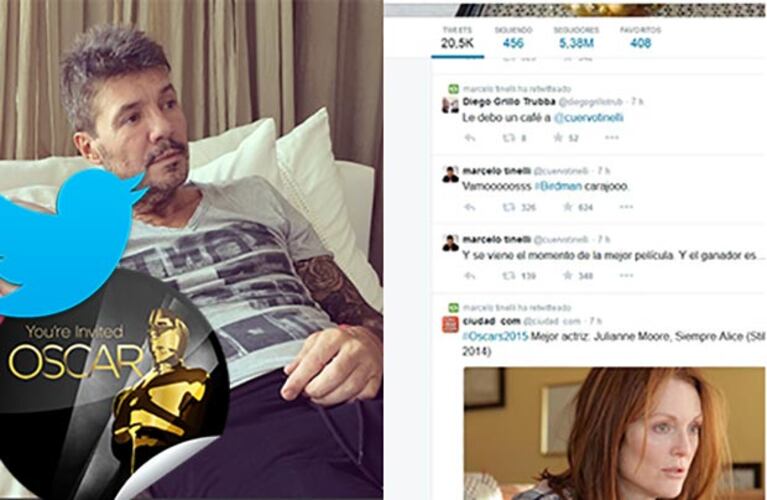 Marcelo Tinelli tuiteó durante la ceremonia de los premios Oscar. (Fotos: Instagram y Twitter)