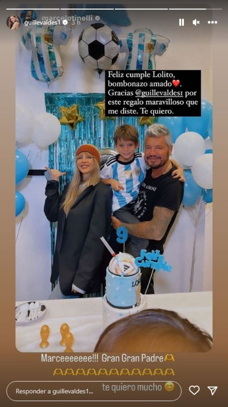 Marcelo Tinelli y Guillermina Valdés, juntos en el cumpleaños de su hijo: "Mamá y papá te aman, Lolito hermoso"