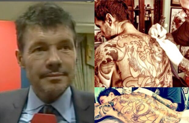 Marcelo Tinelli y su nuevo e impactante tatuaje. (Fotos: captura TV y Twitter)