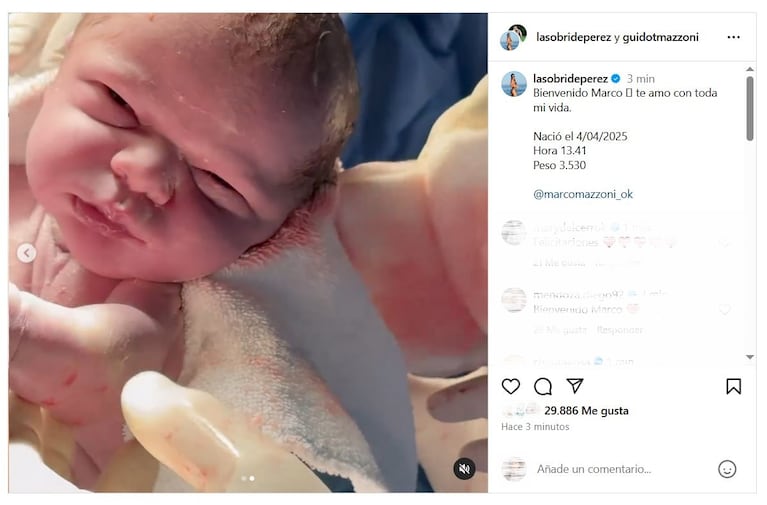 Marco, el hijo de Sol Pérez y Guido Mazzoni. Foto: Instagram (@lasobrideperez)