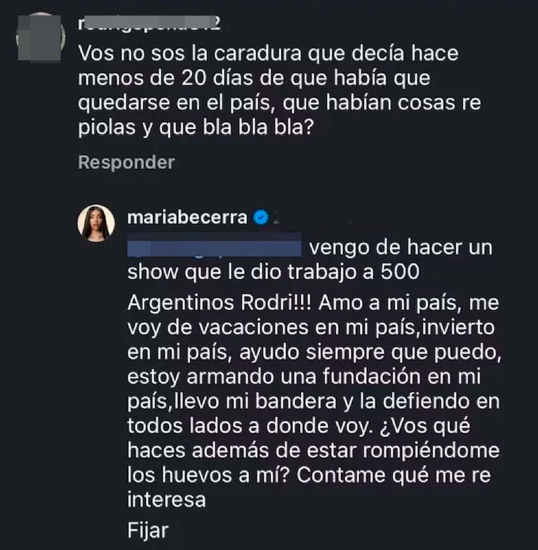 María Becerra atendió a un hater en Instagram @mariabecerra