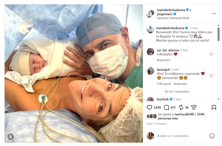 María Belén Ludueña y Jorge Macri le dieron la bienvenida a Vito. Foto: Instagram
