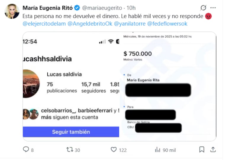 María Eugenia Ritó pagó $750.000 por error un champagne: denunció que no le devuelven el dinero | Créditos: captura Twitter Ritó