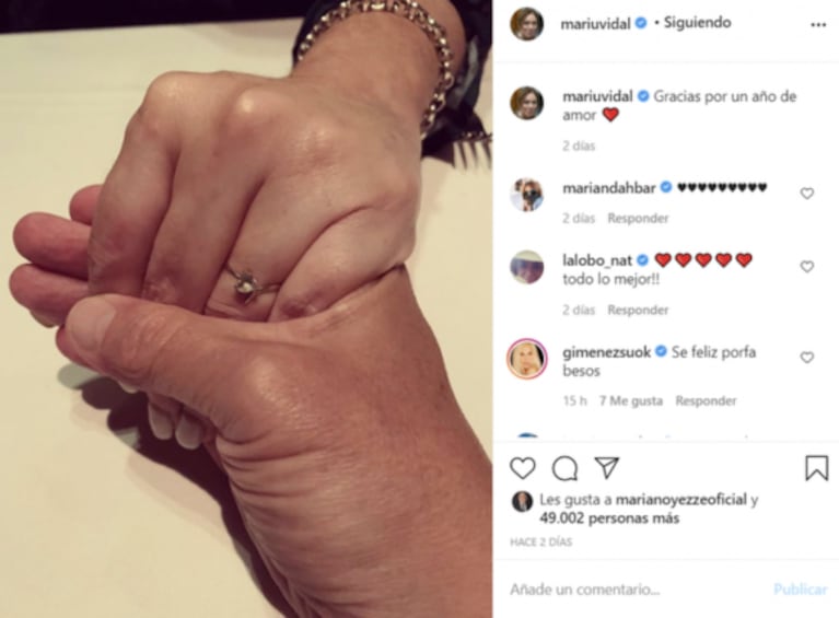 María Eugenia Vidal y Quique Sacco celebraron su primer aniversario con una foto romántica: "Gracias por un año de amor"