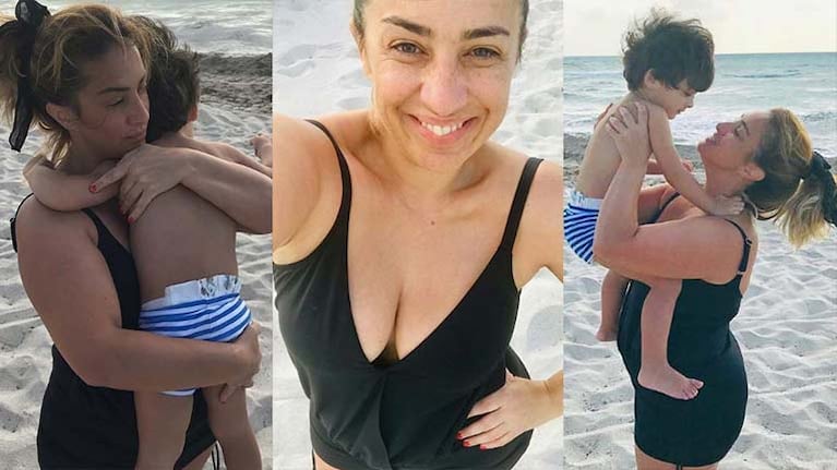 María Julia eligió un traje de baño "con pollerita", para poder correr con Tony en la playa.
