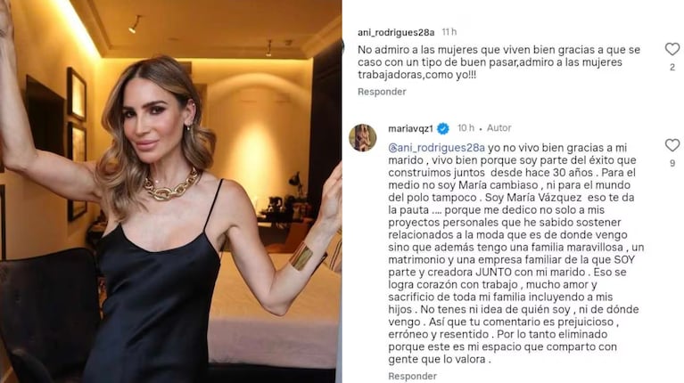 María Vázquez respondió con firmeza tras ser acusada de lanzar una indirecta a Pampita: “Resentida”. CRÉDITO: Instagram/@mariavqz1