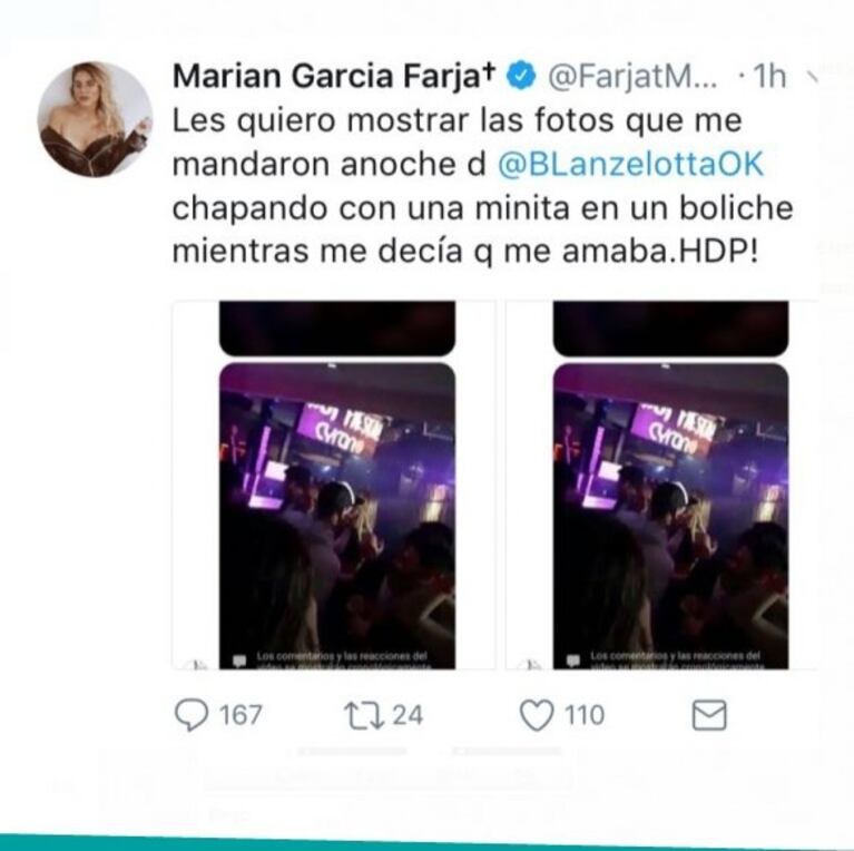 Marian Farjat confirmó su ¡sexta! separación de Brian Lanzelotta, tras escracharlo con otra chica: "Él me dijo que iba a hacer la suya y parece que así fue"