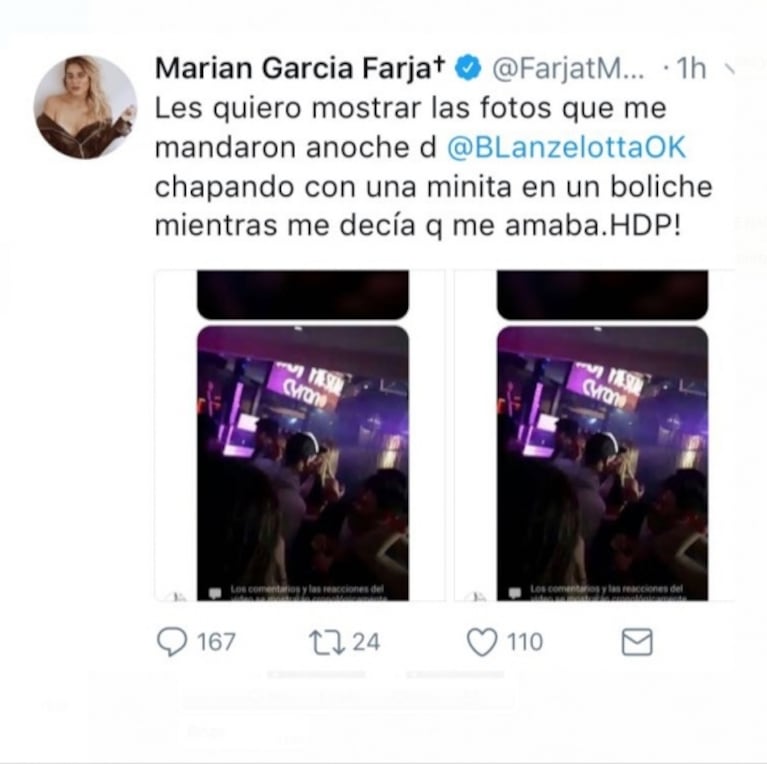 Marian Farjat y Brian Lanzelotta, ¿otra vez separados?: las fotos por las que ella lo acusa de una infidelidad