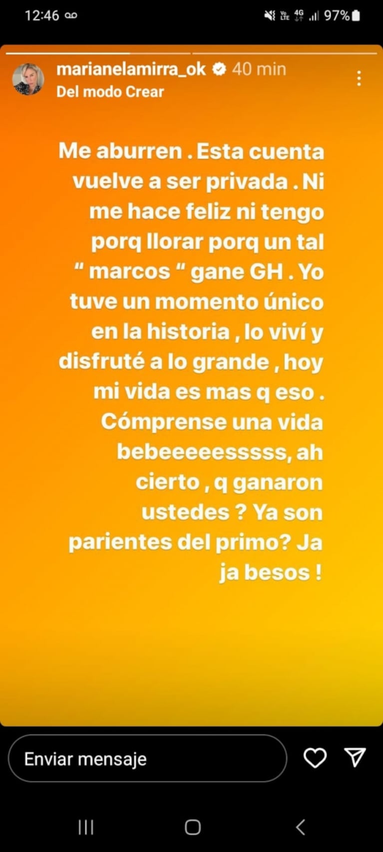 Marianela Mirra habló de Marcos, el ganador de Gran Hermano, y la fulminaron en redes: "Me aburren"