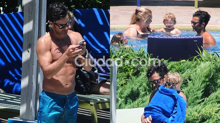 Mariano Martínez junto a sus hijos y su mamá en la pile del Conrad (Fotos: MSnews). 