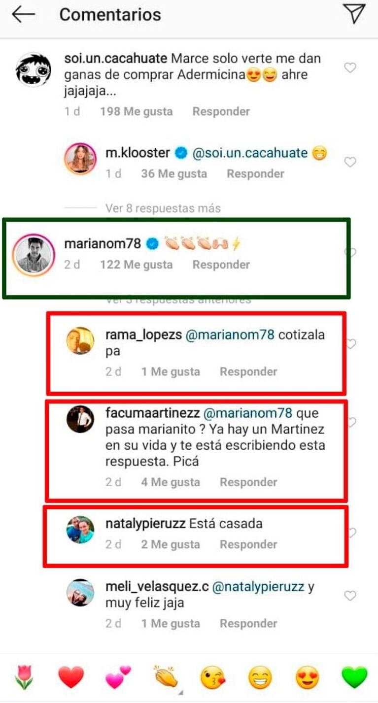 Mariano Martínez le comentó una foto a Marcela Kloosterboer y los fans lo cruzaron duro: "¡Está casada!"