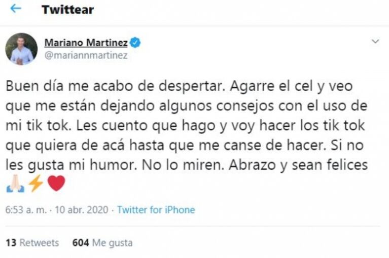 Mariano Martínez, tras las críticas por el video de TikTok que lo convirtió en TT: "Si no les gusta mi humor, no lo miren"