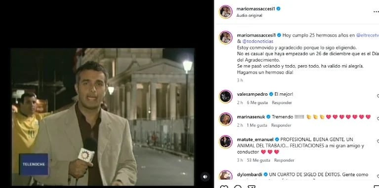 Mario Massaccesi celebró 25 años en El Trece y TN. Crédito: Instagram