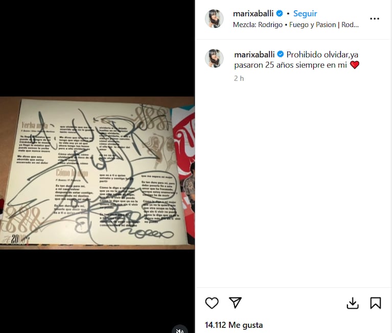 Marixa Balli recordó a Rodrigo Bueno (Foto: captura de Instagram).