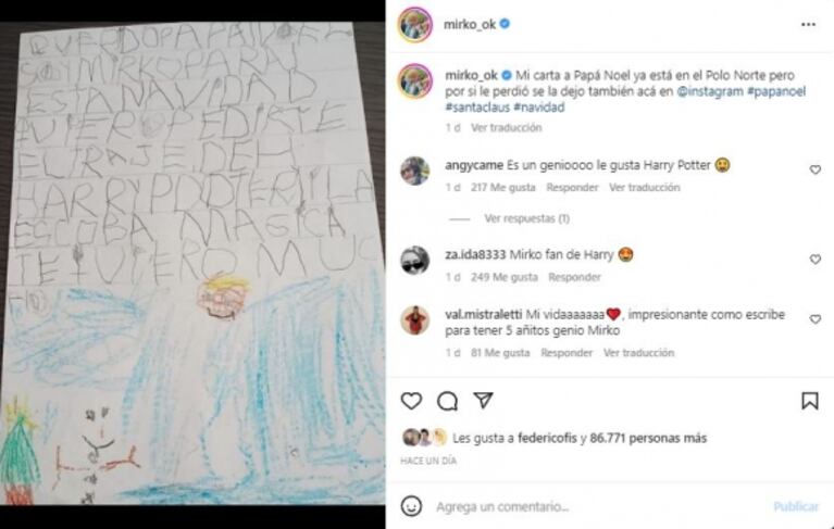 Marley mostró la primera carta que Mirko le escribió de puño y letra a Papá Noel