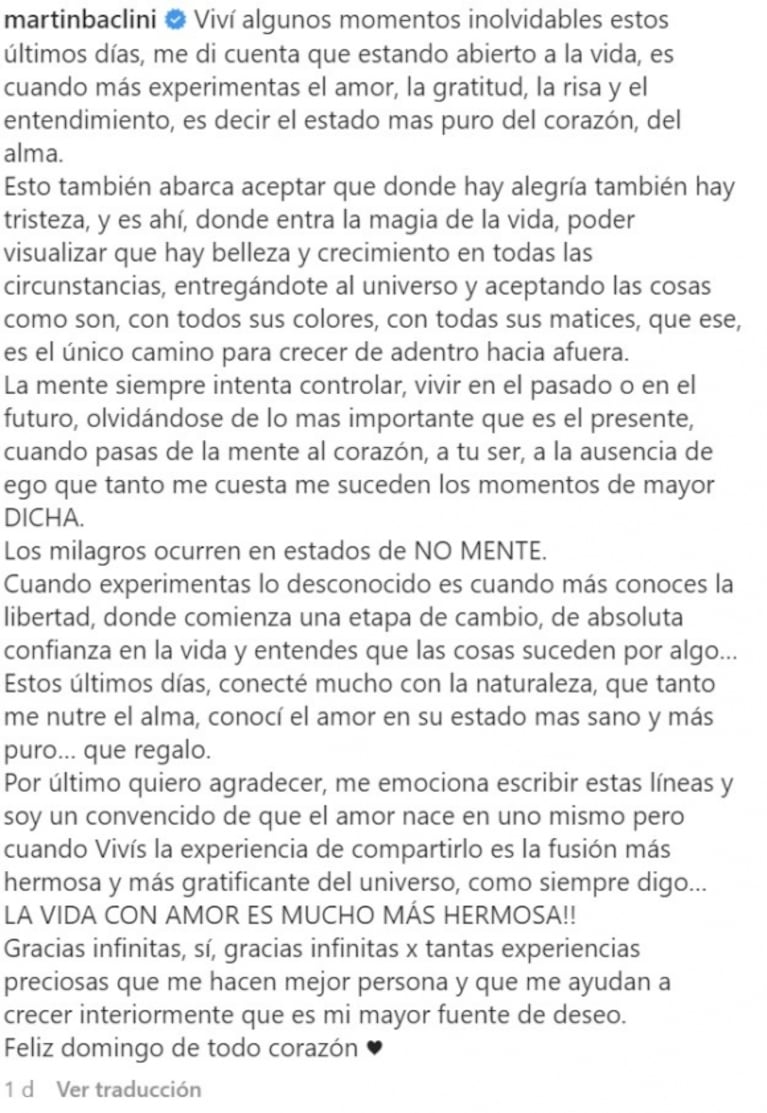Martín Baclini reflexionó sobre el amor: "Lo conocí en su estado más sano y puro"
