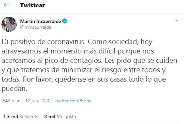 Martín Insaurralde anunció que tiene Covid-19: "Di positivo de coronavirus; quédense en sus casas"