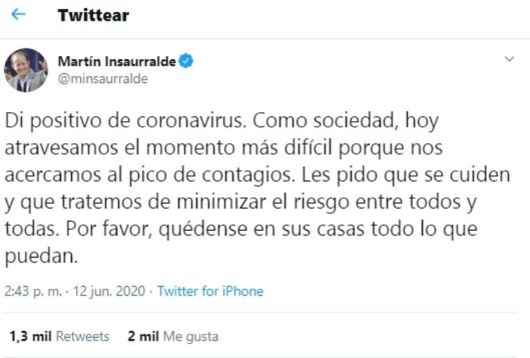 Martín Insaurralde anunció que tiene Covid-19: "Di positivo de coronavirus; quédense en sus casas"