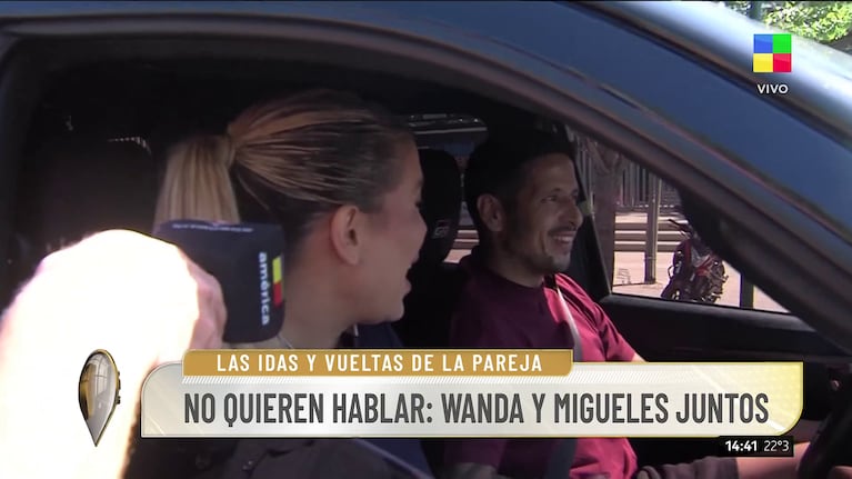 Martín Migueles le bajó la ventanilla a Wanda Nara para que hable con un cronista y ella reaccionó incómoda (Foto: captura de América).
