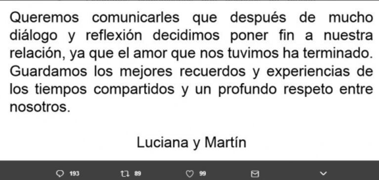 Martín Redrado anunció su separación de Luciana Salazar en Twitter: la reacción de la actriz