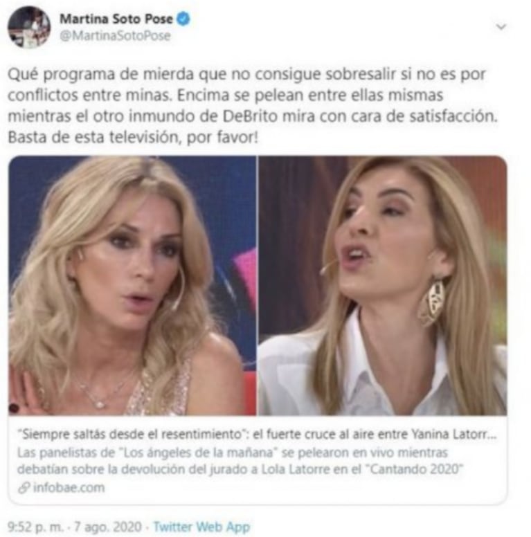 Martina Soto Pose fulminó a Ángel de Brito por las peleas en LAM: "Es un inmundo; qué programa de mierda"