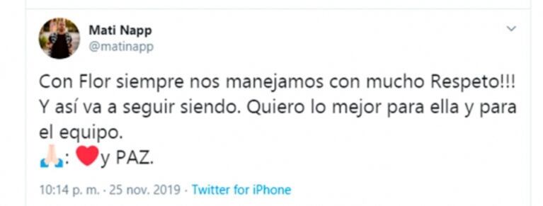 Mati Napp, contundente sobre su vínculo con Flor Vigna: "Con ella siempre nos manejamos con mucho respeto"