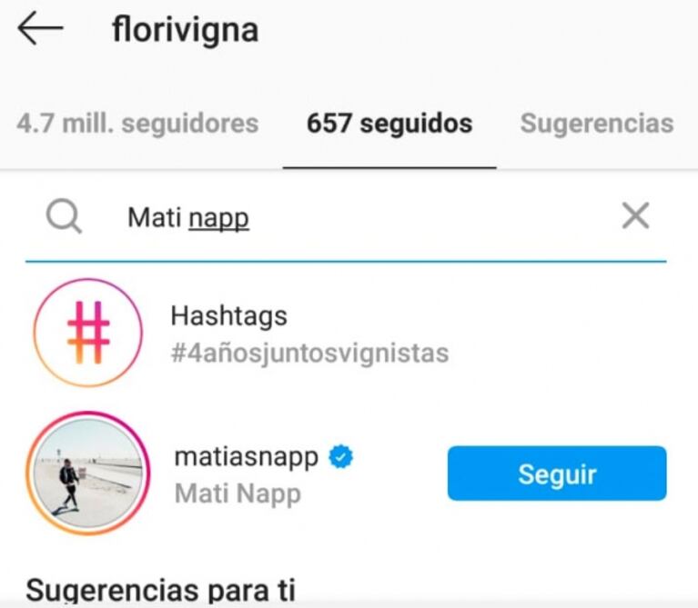 Mati Napp dejó de seguir a Flor Vigna en Instagram tras finalizar el Bailando: ella lo tiene en sus contactos