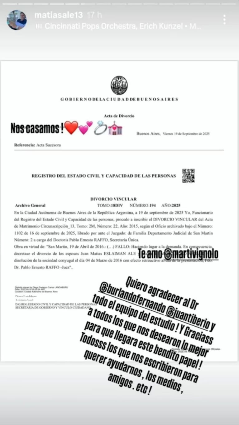 Matías Alé celebró una noticia clave que emocionó a su novia Martina Vignolo. Crédito: Instagram