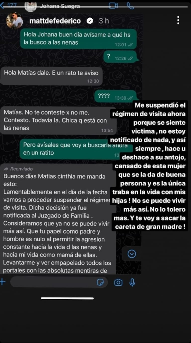 Matías Defederico explotó porque Cinthia Fernández le suspendió las visitas a sus hijas: "Te voy a sacar la careta de gran madre"