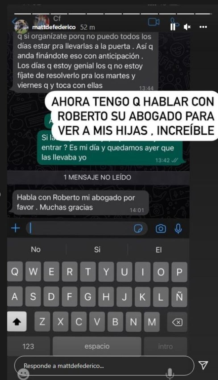 Matías Defederico mostró que no pudo retirar a sus hijas de la casa de Cinthia Fernández: "No me deja pasar"