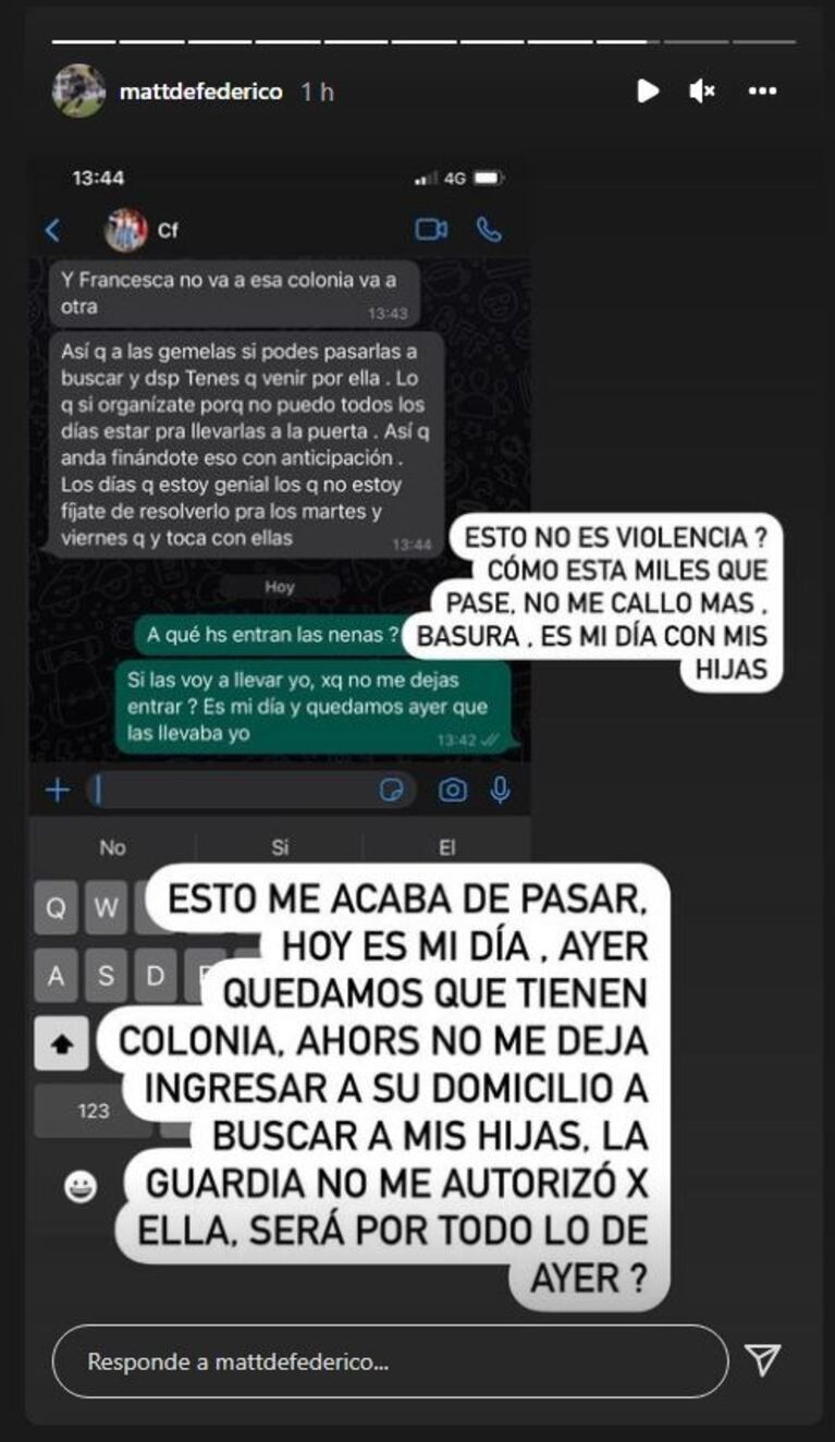 Matías Defederico mostró que no pudo retirar a sus hijas de la casa de Cinthia Fernández: "No me deja pasar"