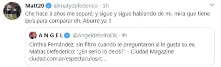 Matías Defederico se cansó de que Cinthia Fernández hable de él y le contestó con todo: "Mirá que tiene ex para comparar"
