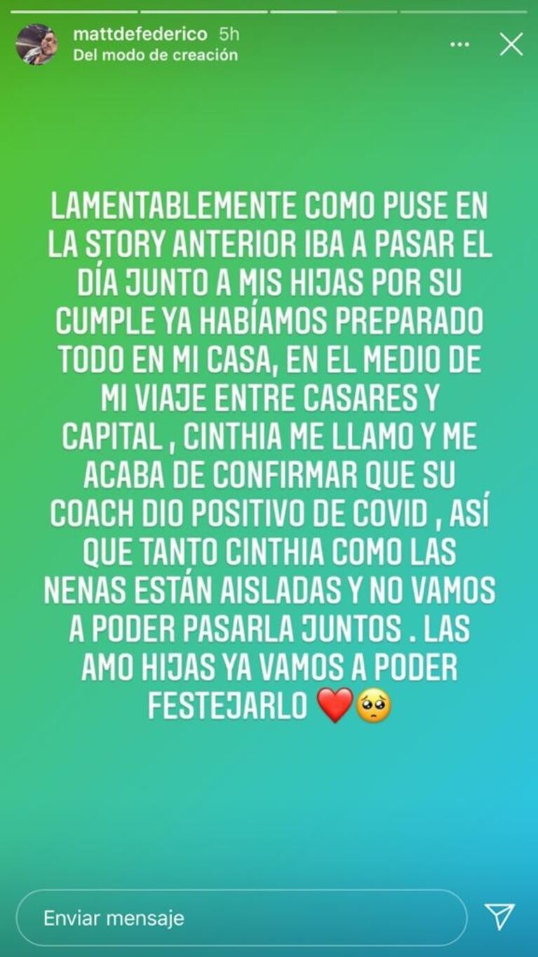 Matías Defederico visitó a sus hijas por sus cumples a través de un vidrio, porque Cinthia Fernández está aislada: "Las amo"