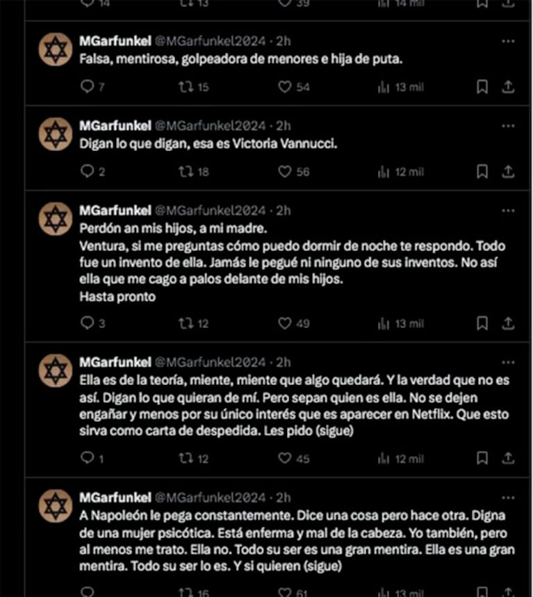 Matías Garfunkel en X contra Victoria Vanucci