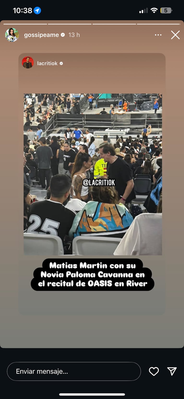 MATÍAS MARTIN BLANQUEÓ SU NOVIAZGO EN EL RECITAL DE OASIS. Crédito: Instagram