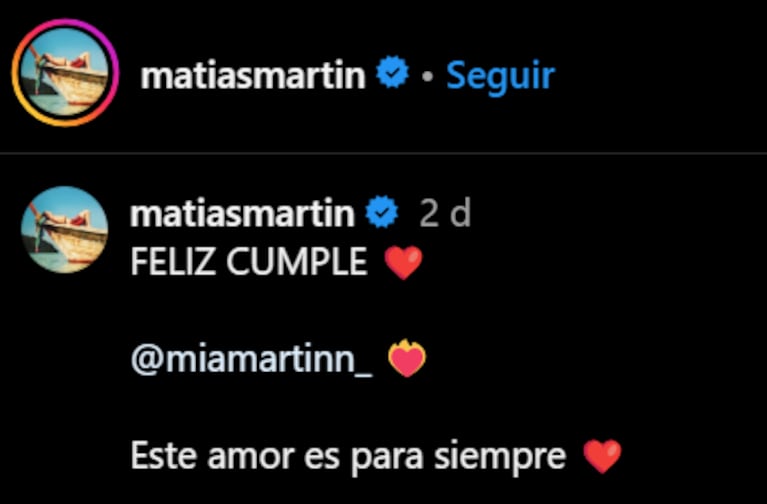 Matías saludó a Mía por su cumple. Foto: IG | matiasmartin